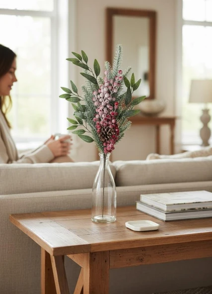 Yapay Çiçek Karlı Kokina ve Çam Dalı Uzun Dal 80cm Yılbaşı Çiçeği Red Berry - Resim 5