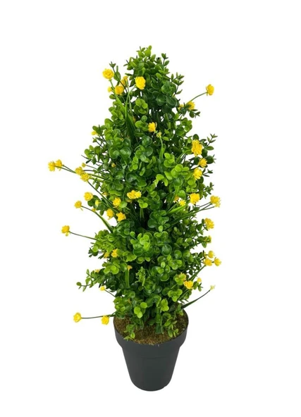Yapay Çiçek Siyah Saksıda Sarı Lotuslu Yeşil Şimşir Ağacı 70*30cm - Resim 5
