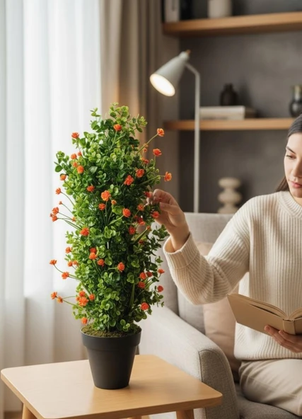 Yapay Çiçek Siyah Saksıda Turuncu Lotuslu Yeşil Şimşir Ağacı 70*30cm - Resim 3