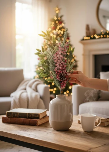 Yapay Çiçek Karlı Kokina ve Çam Dalı Uzun Dal 80cm Yılbaşı Çiçeği Red Berry - Resim 3