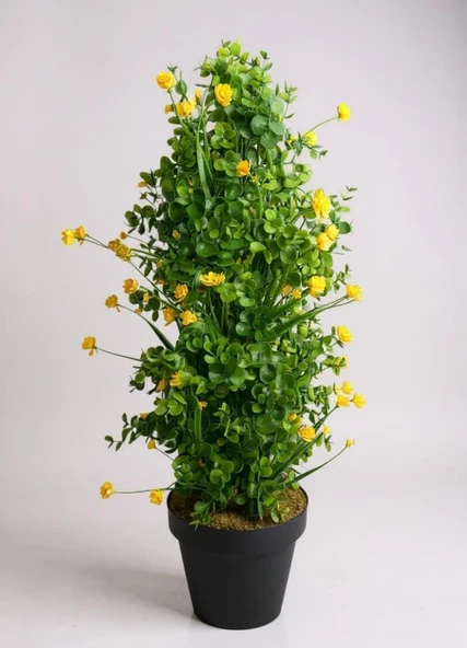 Yapay Çiçek Siyah Saksıda Sarı Lotuslu Yeşil Şimşir Ağacı 70*30cm - Resim 2