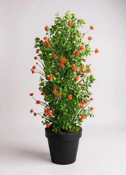 Yapay Çiçek Siyah Saksıda Turuncu Lotuslu Yeşil Şimşir Ağacı 70*30cm - Resim 2