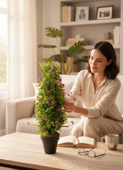 Yapay Çiçek Siyah Saksıda Mor Lotuslu Yeşil Şimşir Ağacı 70*30cm - Resim 8