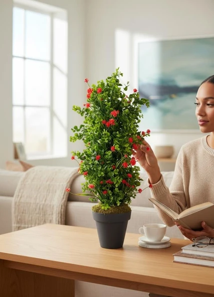 Yapay Çiçek Siyah Saksıda Kırmızı Lotuslu Yeşil Şimşir Ağacı 70*30cm - Resim 4