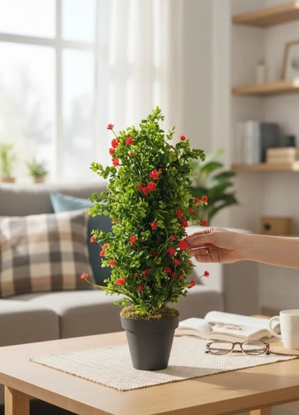 Yapay Çiçek Siyah Saksıda Kırmızı Lotuslu Yeşil Şimşir Ağacı 70*30cm ürün görseli