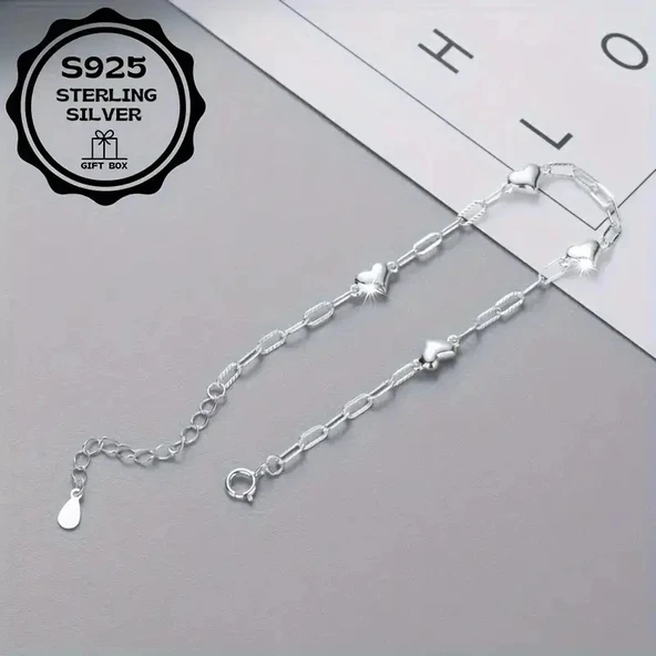 Heart chain 925 Ayar sade şık zincir kalpli gümüş bileklik - Resim 2