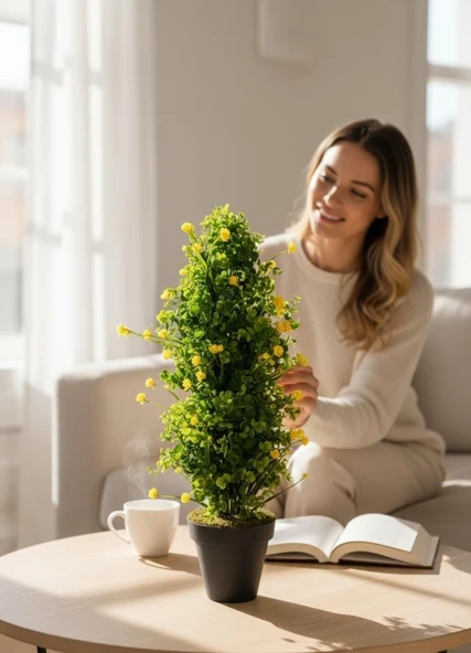 Yapay Çiçek Siyah Saksıda Sarı Lotuslu Yeşil Şimşir Ağacı 70*30cm - Resim 8