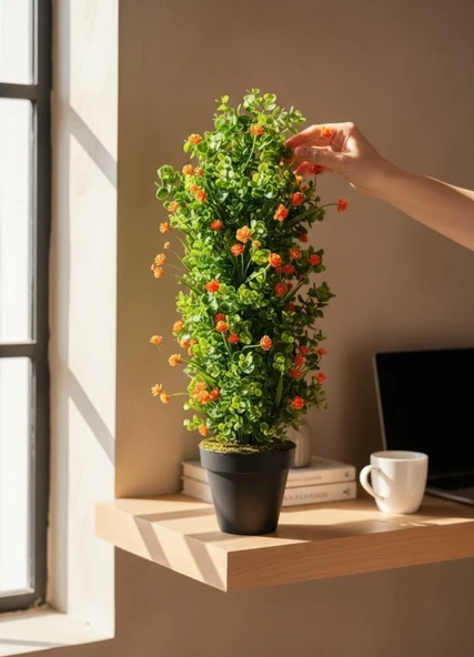 Yapay Çiçek Siyah Saksıda Turuncu Lotuslu Yeşil Şimşir Ağacı 70*30cm ürün görseli