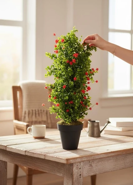 Yapay Çiçek Siyah Saksıda Kırmızı Lotuslu Yeşil Şimşir Ağacı 70*30cm - Resim 5