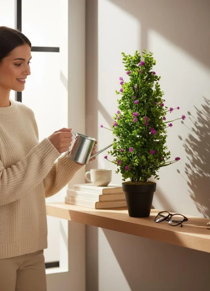 Yapay Çiçek Siyah Saksıda Mor Lotuslu Yeşil Şimşir Ağacı 70*30cm - Resim 5