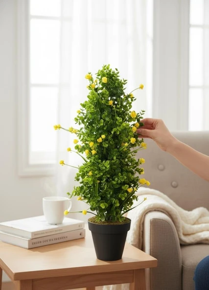 Yapay Çiçek Siyah Saksıda Sarı Lotuslu Yeşil Şimşir Ağacı 70*30cm ürün görseli