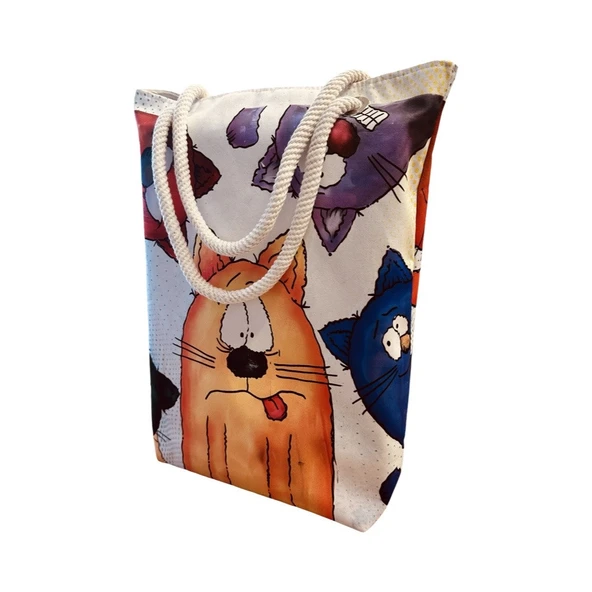 Kadın Plaj ve Alışveriş Çantası - Şaşkın Kediler Desen ürün görseli