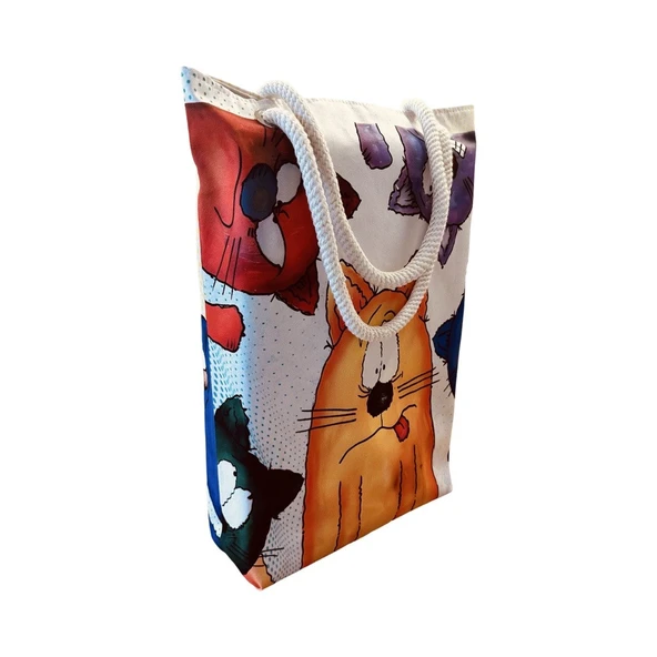 Kadın Plaj ve Alışveriş Çantası - Şaşkın Kediler Desen - Resim 2