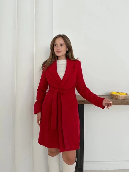 BİÇOMİ Cepli kuşaklı kaşe kaban kırmızı st26458 - Resim 3