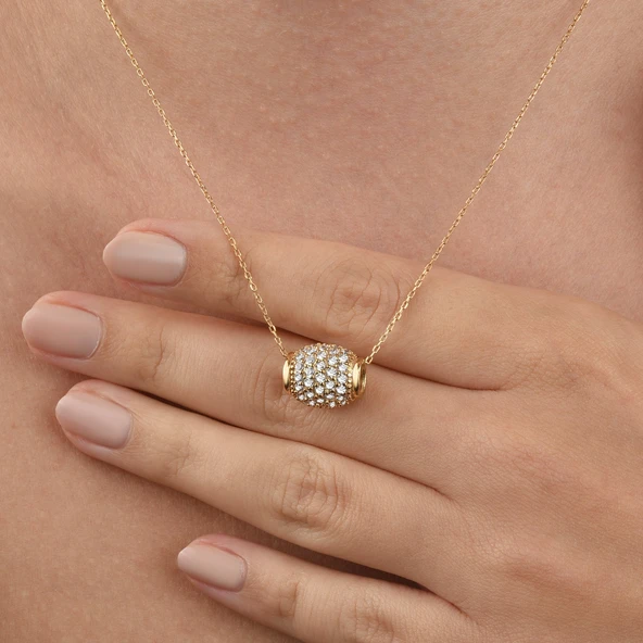 14 Ayar Mikron Kaplama Taşlı Yuvarlanan Fıçı Formlu Modern Gümüş Kolye - CNS00666 - Resim 2