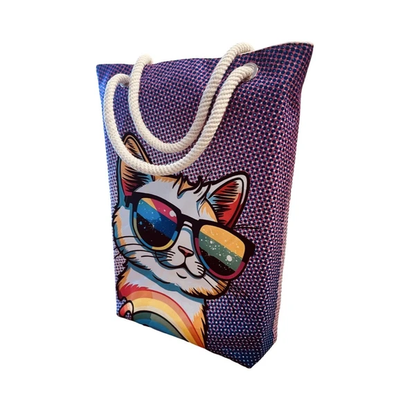 Kadın Kanvas Plaj ve Alışveriş Çantası - Gözlüklü Kedi Desen ürün görseli