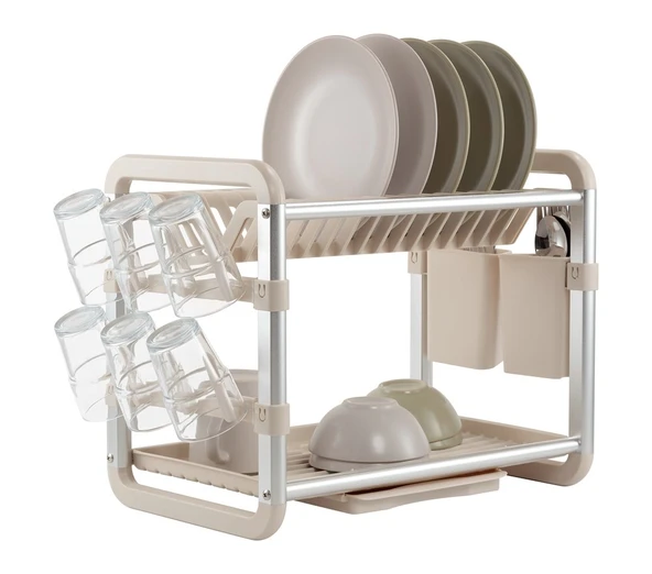 Premium Alüminyum Bulaşıklık Paslanmaz 2 Katlı Bardak Tabak Kurutma Sepeti - 3
