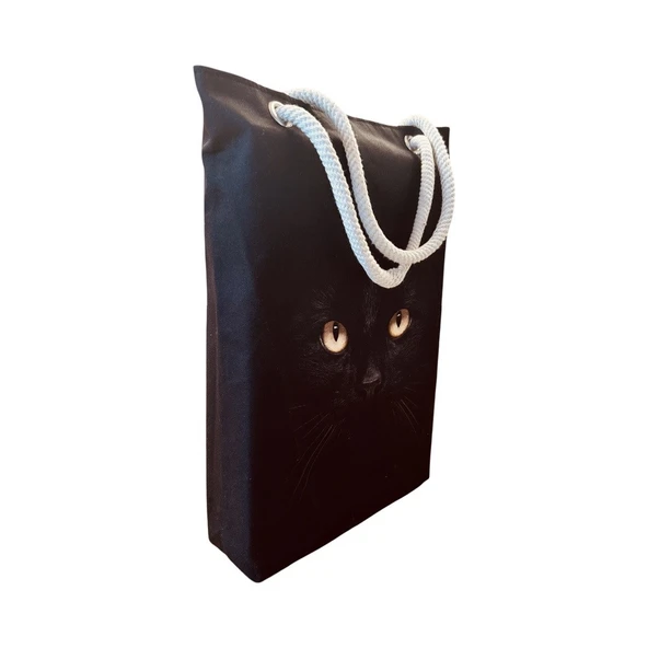 Kadın Kanvas Plaj ve Alışveriş Çantası - Siyah Kedi Desen - Resim 2