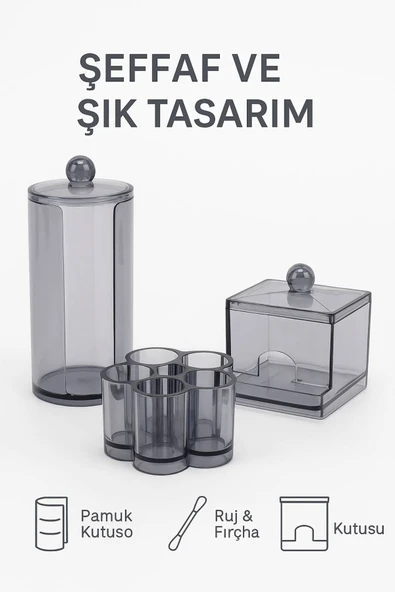 3’lü Şeffaf Akrilik Organizer Seti – Pamuk, Ruj ve Kulak Çubuğu Düzenleme Kutusu - 3