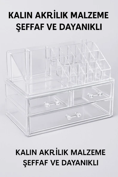 Şeffaf Akrilik Makyaj ve Takı Organizeri – 3 Katlı Çekmeceli Düzenleyici, Kompakt ve Dayanıklı - Resim 3