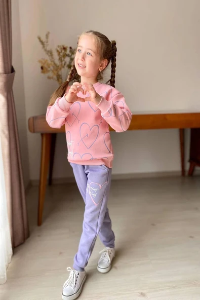 Kalp Desenli Pembe Renk 3 İplik Kız Çocuk Takım - Resim 2