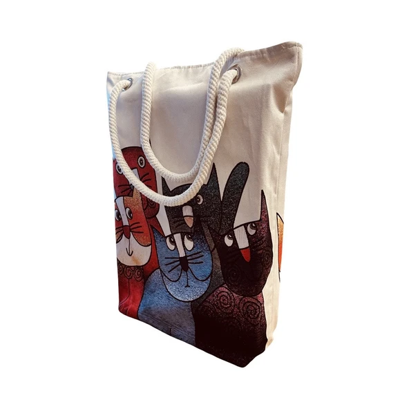 Kadın Kanvas Plaj ve Alışveriş Çantası - Düşünceli Kediler Desen ürün görseli