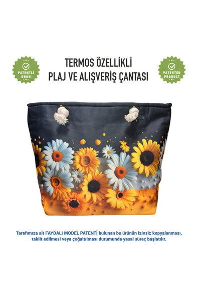 Termal Isı Yalıtımlı, Sıcak ve Soğuk Muhafazalı Kadın Çanta - Papatya Desen - Resim 2