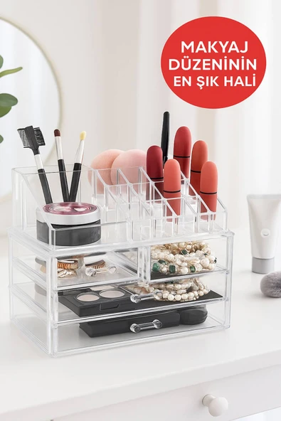 Şeffaf Akrilik Makyaj ve Takı Organizeri – 3 Katlı Çekmeceli Düzenleyici, Kompakt ve Dayanıklı ürün görseli 1