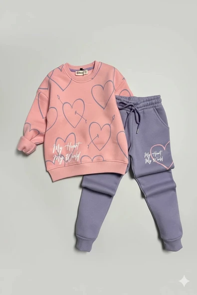 Kalp Desenli Pembe Renk 3 İplik Kız Çocuk Takım - Resim 5