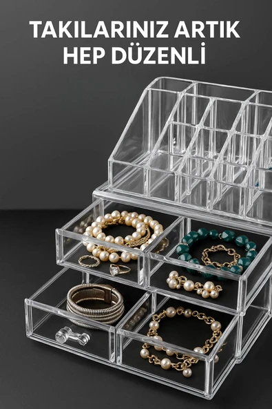 Şeffaf Akrilik Makyaj ve Takı Organizeri – 3 Katlı Çekmeceli Düzenleyici, Kompakt ve Dayanıklı - Resim 4