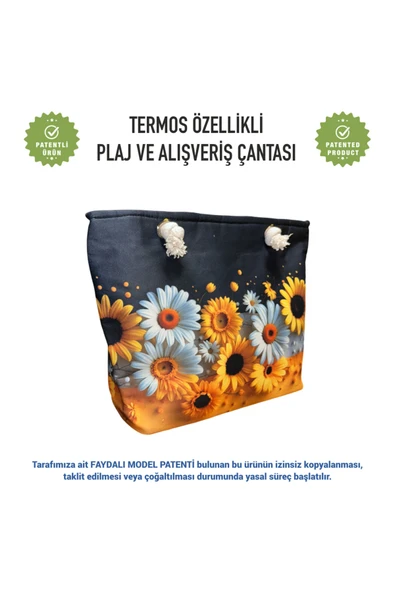 Termal Isı Yalıtımlı, Sıcak ve Soğuk Muhafazalı Kadın Çanta - Papatya Desen - Resim 3