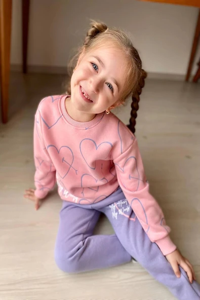 Kalp Desenli Pembe Renk 3 İplik Kız Çocuk Takım - Resim 3