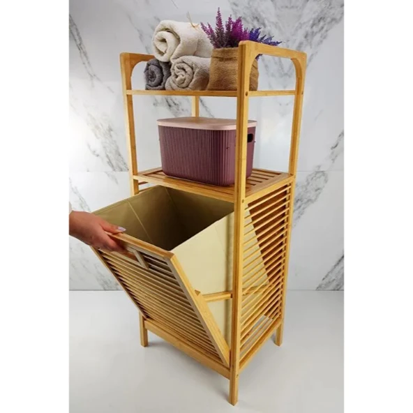 2 Organizer Raflı Ahşap Bambu Çek-Aç Kirli Sepeti - 2