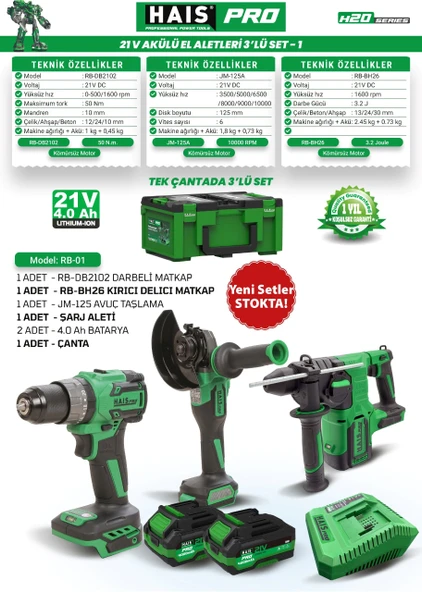 HaisPro Akülü Set - 3'lü Profesyonel Akülü Set + 2X4 Ah Çift Akü - RB-01 ürün görseli