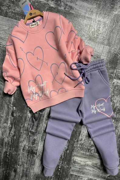Kalp Desenli Pembe Renk 3 İplik Kız Çocuk Takım - Resim 4