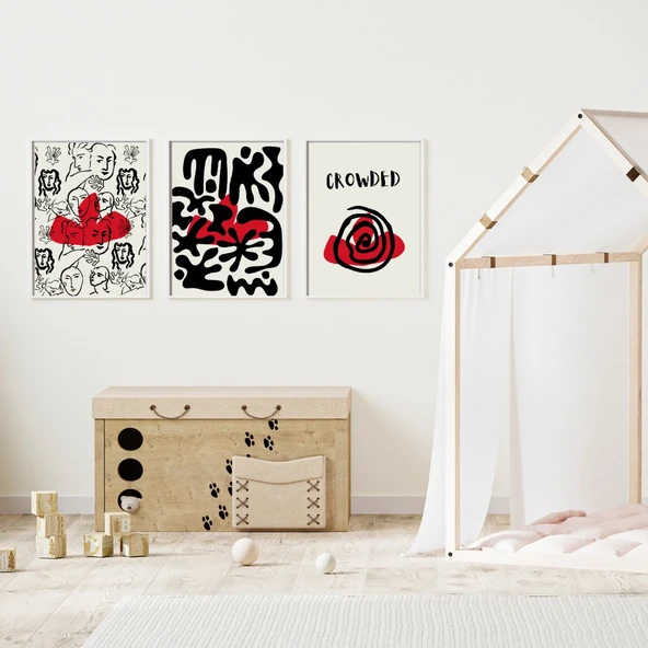Kırmızı Siyah Kalabalık Duvar Tablosu Çerçeveli 3'lü Set Beyaz Renk 35 x 50 Boyut/Ebat - Resim 2