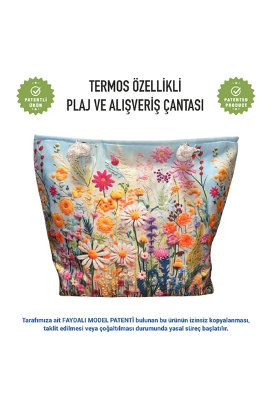 Termal Isı Yalıtımlı, Sıcak ve Soğuk Muhafazalı Kadın Çanta - Çiçekler Desen - Resim 2