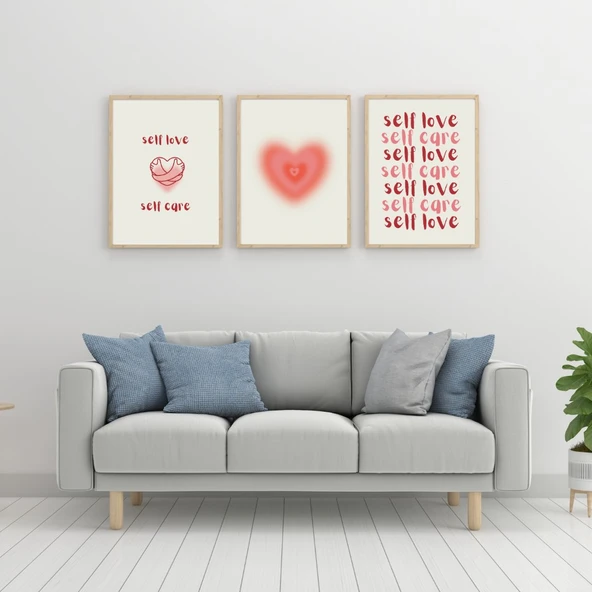 Self Love Care Duvar Tablosu Çerçeveli 3'lü Set Ahşap Renk 21 x 30 Boyut/Ebat