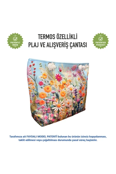 Termal Isı Yalıtımlı, Sıcak ve Soğuk Muhafazalı Kadın Çanta - Çiçekler Desen - Resim 3