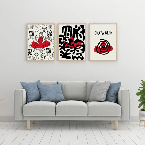 Kırmızı Siyah Kalabalık Duvar Tablosu Çerçeveli 3'lü Set Ahşap Renk 35 x 50 Boyut/Ebat ürün görseli