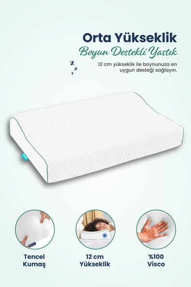Orta Yüksek Boyun Destekli Ortopedik Visco Yastık 60x40x12-8cm