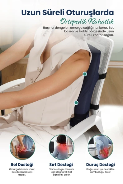 Anatomik Ortopedik Visco Bel Destek Yastığı Kilitli Sabitleme Lastiği, Ofis, Araba - 4
