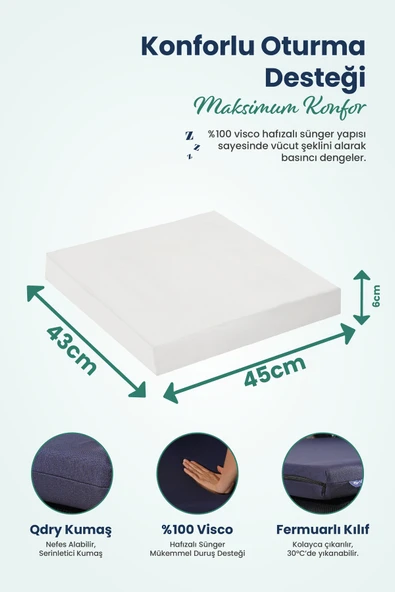 Kare Ortopedik Visco Oturma Minderi – Bel, Basen ve Baldır Destekli %100 Visco Minder - 45x43x6cm - 6