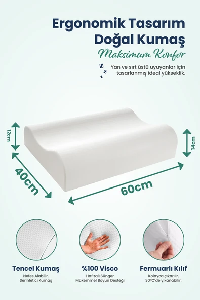 Yüksek Çift Boyun Destekli Ortopedik Visco Yastık 60x40x14-12cm - 3