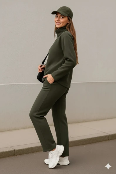 Kadın Balıkçı Yaka Fermuar Detay Polar Sweat Ve Pantolon Ikili Takım - Resim 2