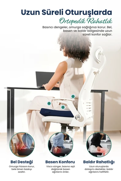 Kare Ortopedik Visco Oturma Minderi – Bel, Basen ve Baldır Destekli %100 Visco Minder - 45x43x6cm - 4