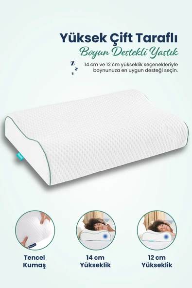 Yüksek Çift Boyun Destekli Ortopedik Visco Yastık 60x40x14-12cm