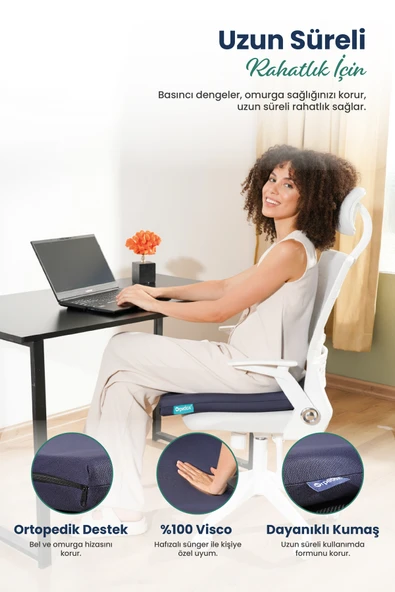 Kare Ortopedik Visco Oturma Minderi – Bel, Basen ve Baldır Destekli %100 Visco Minder - 45x43x6cm - 3