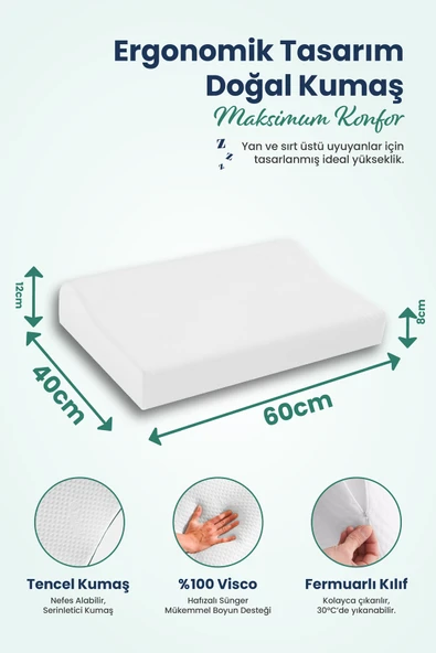 Çift Boyun Destekli Ortopedik Visco Yastık 52x32x12-10cm - 7