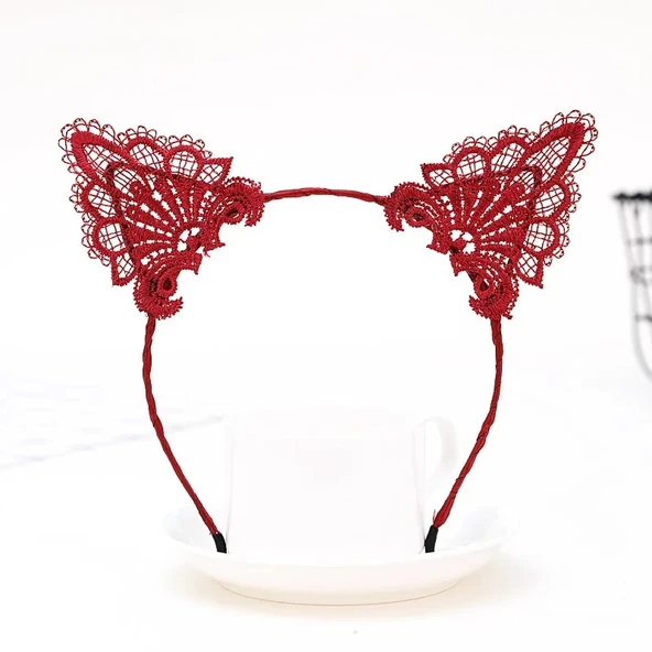 MDB Dantelli Kırmızı Kedi Tacı - Vintage Tarz Dantel Kedi Kulak - Resim 2